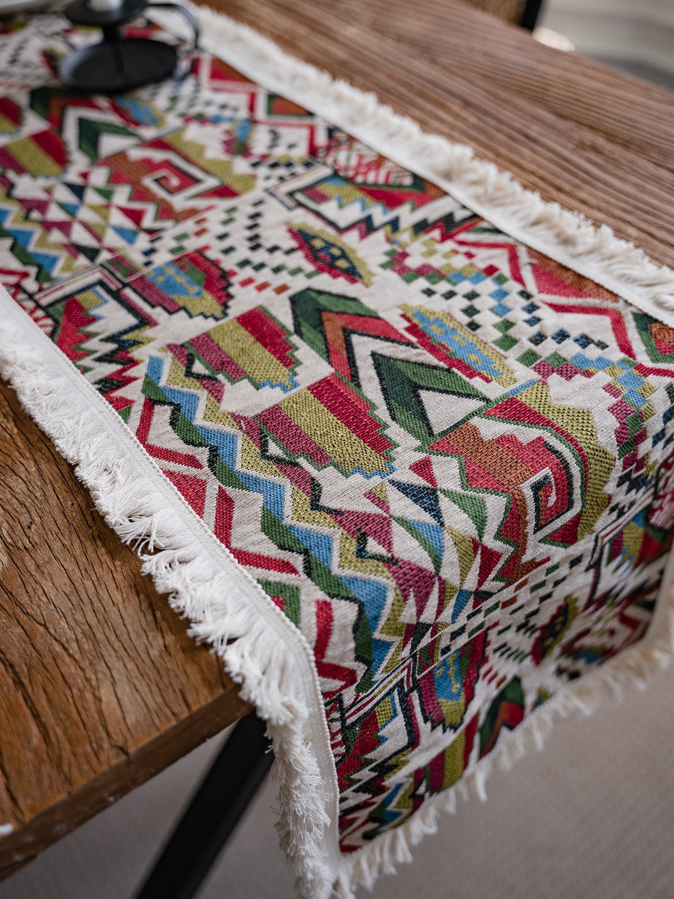 Geometric Jacquard Fringe Trim Table Runner