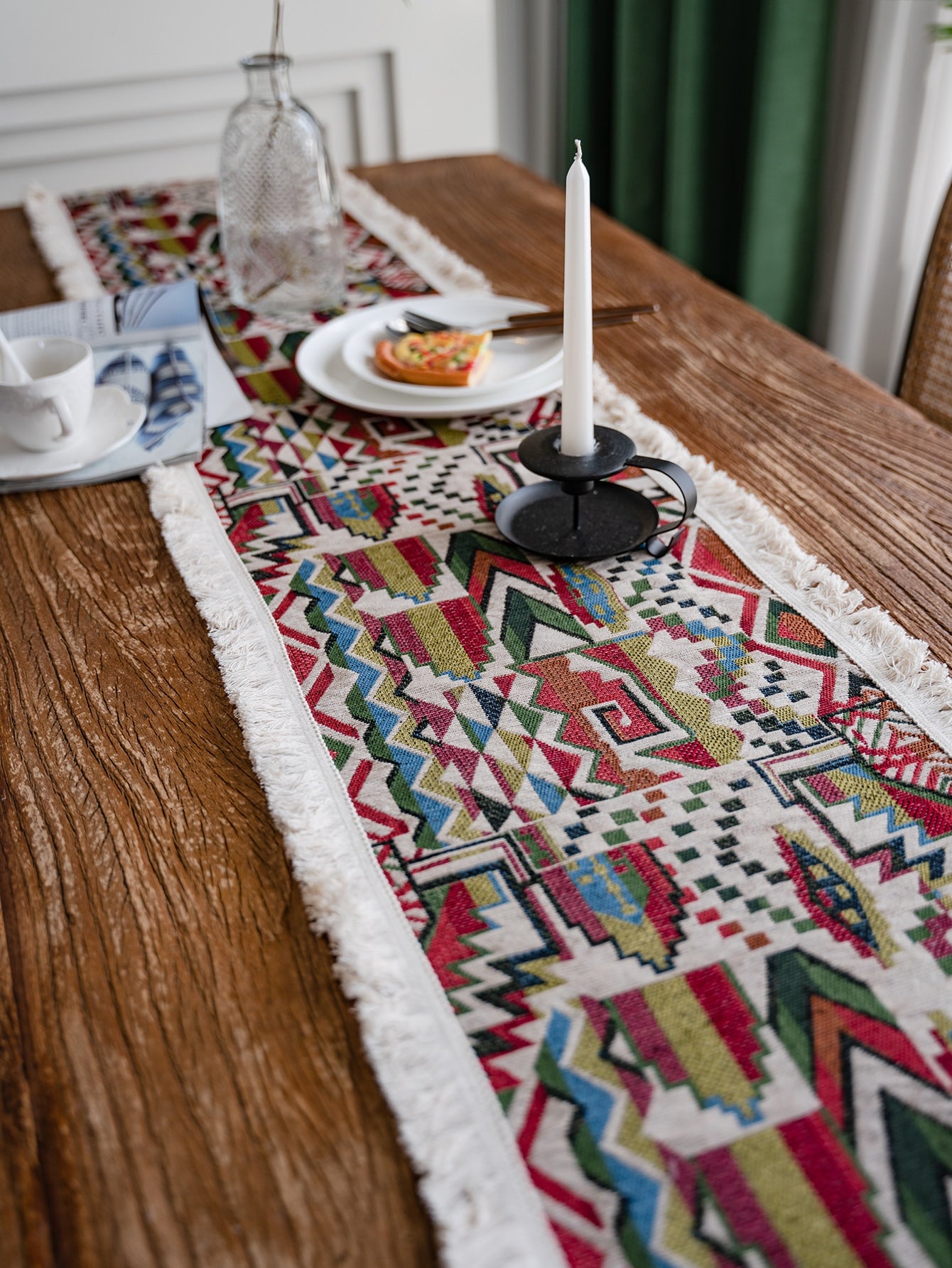 Geometric Jacquard Fringe Trim Table Runner