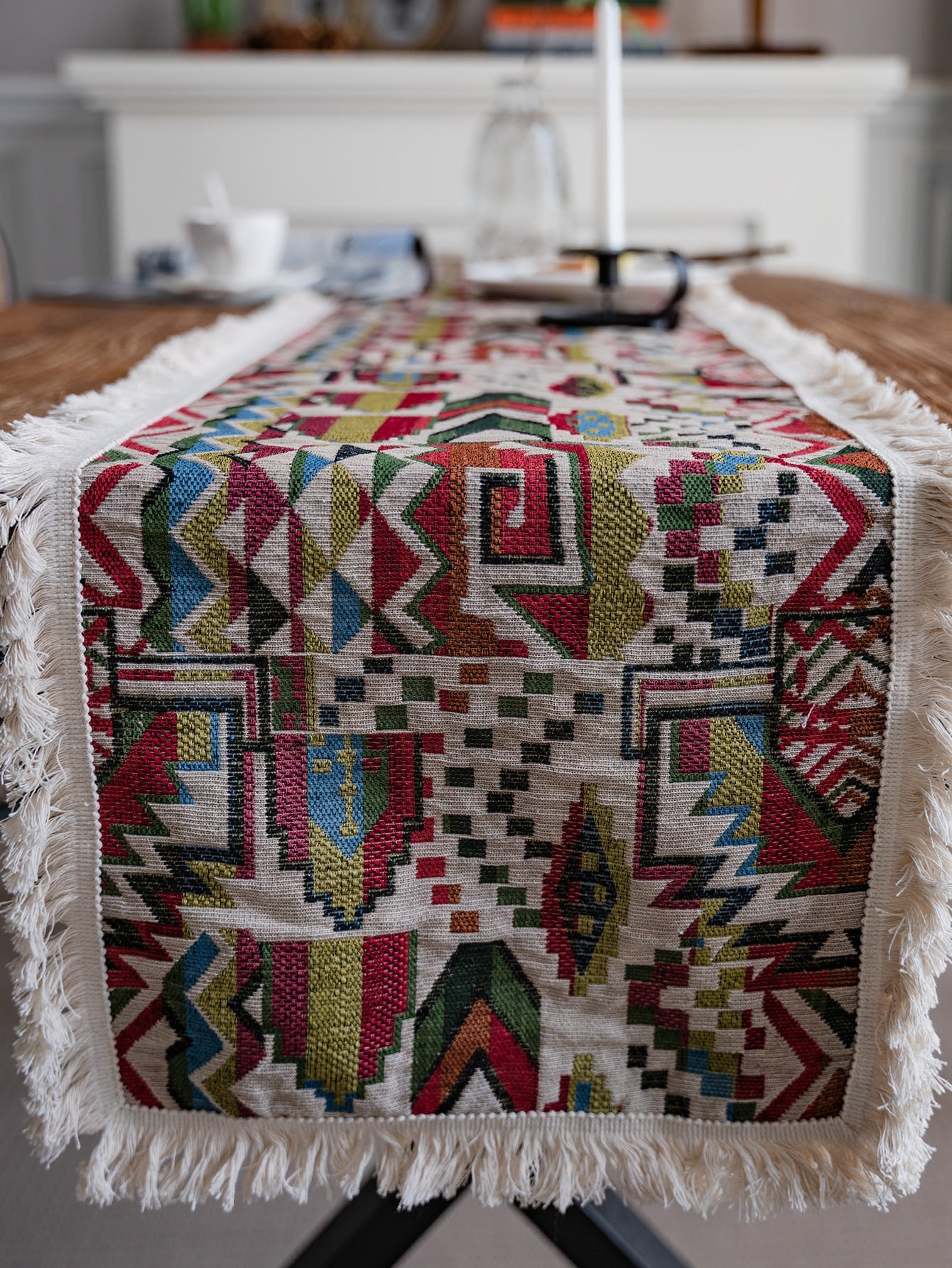 Geometric Jacquard Fringe Trim Table Runner