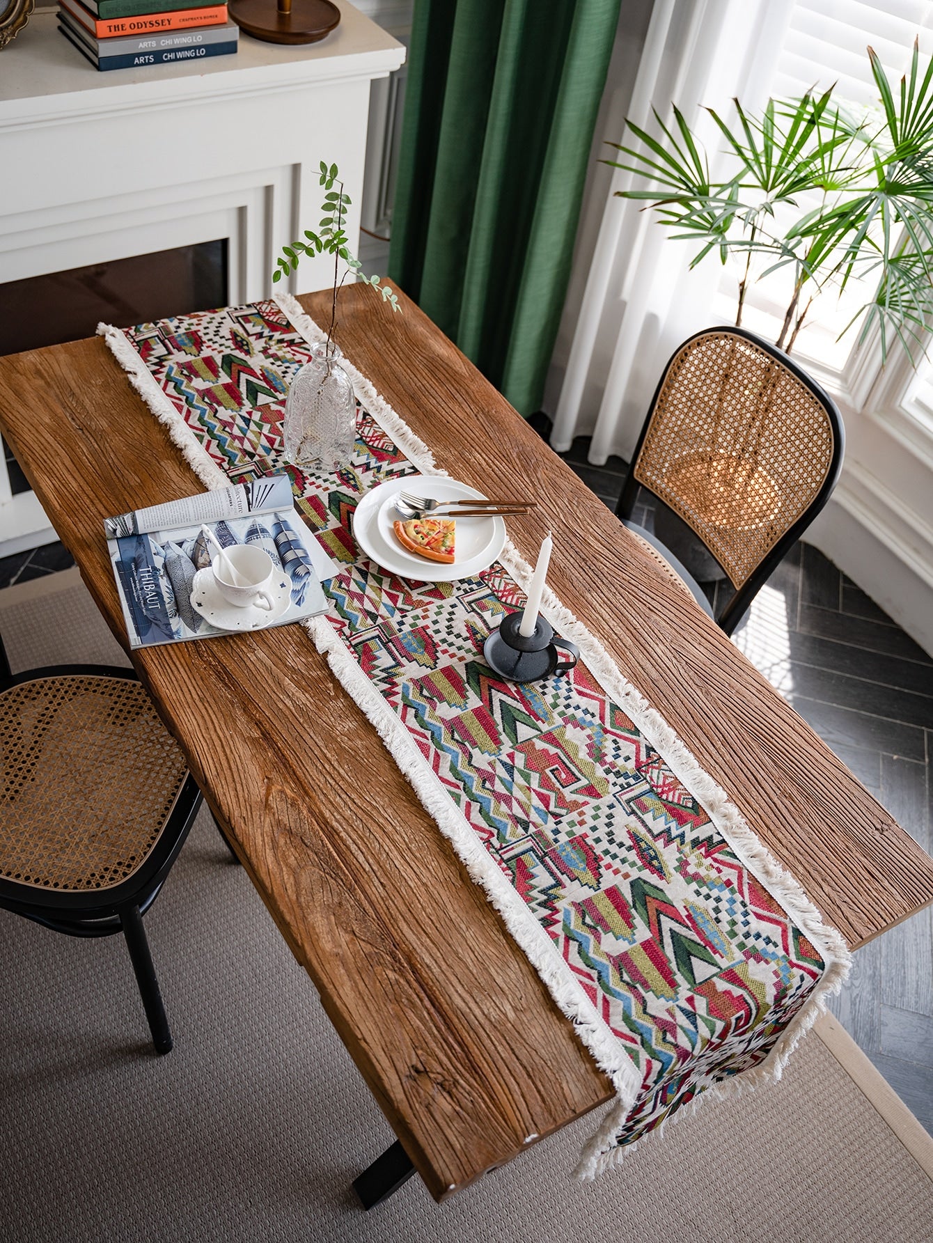 Geometric Jacquard Fringe Trim Table Runner