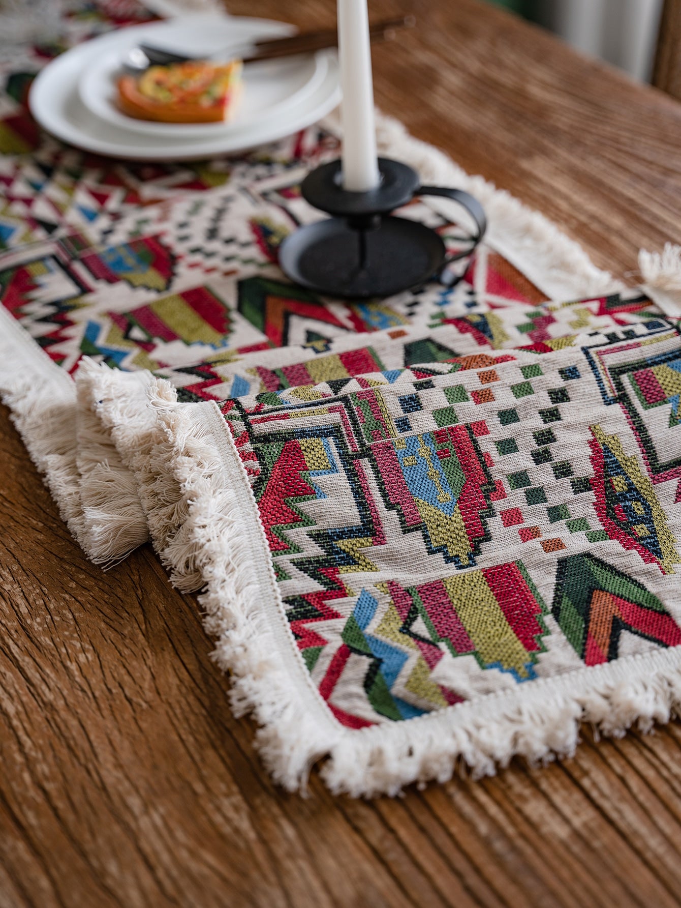 Geometric Jacquard Fringe Trim Table Runner