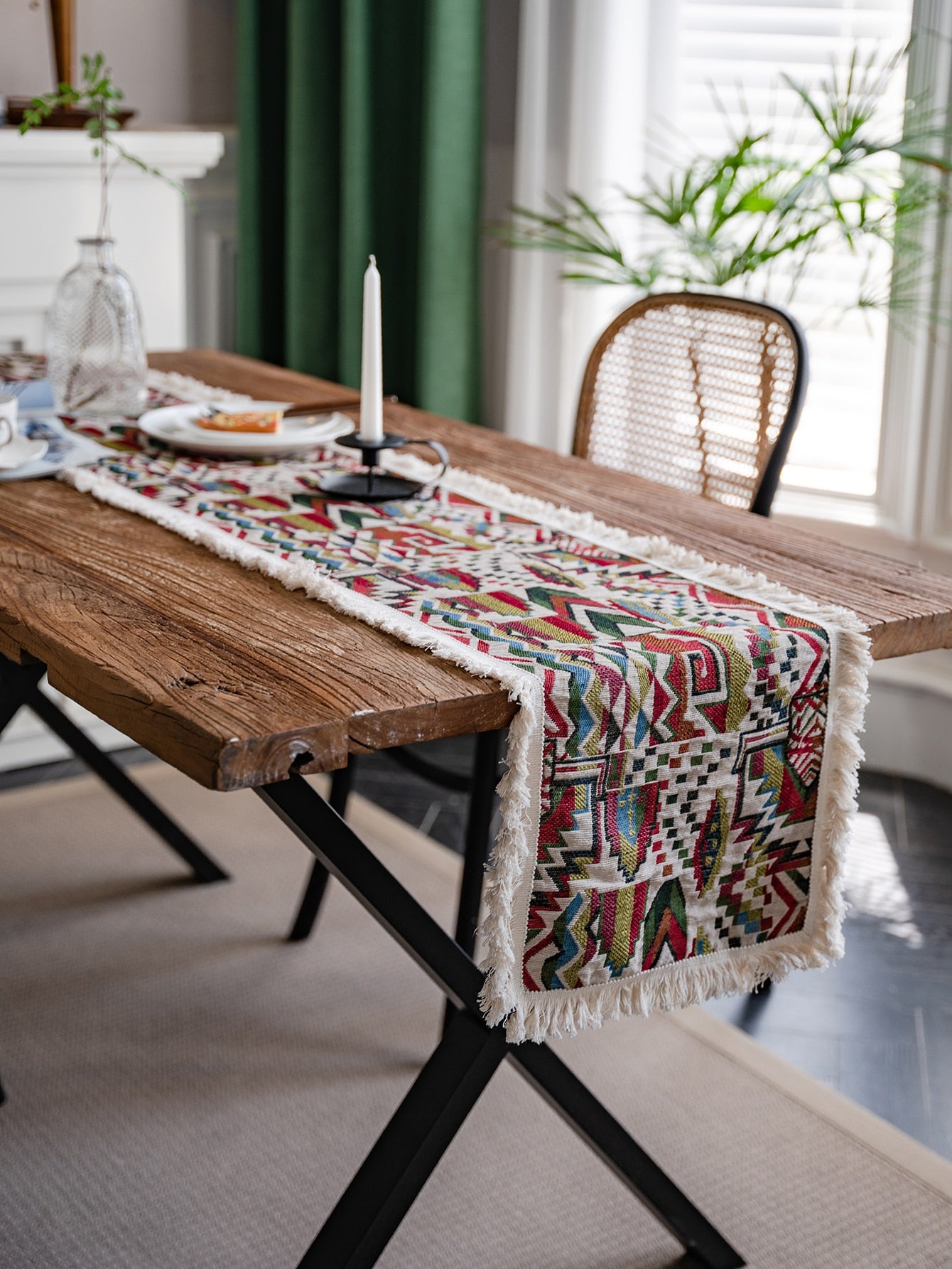 Geometric Jacquard Fringe Trim Table Runner
